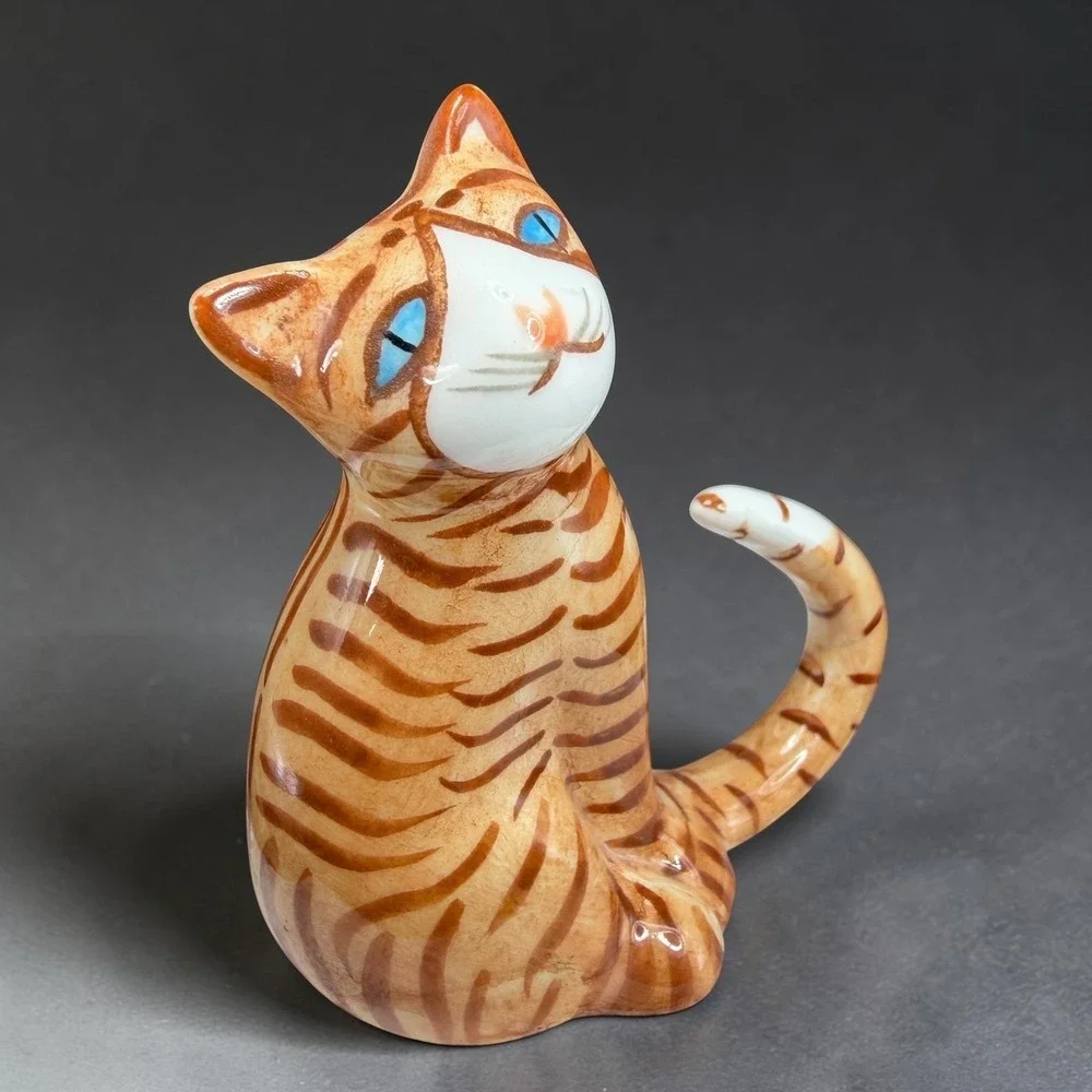 Vintage Fine Bone China Orange Tabby Cat Figurine Blue Eyes Ginger Striped 3in